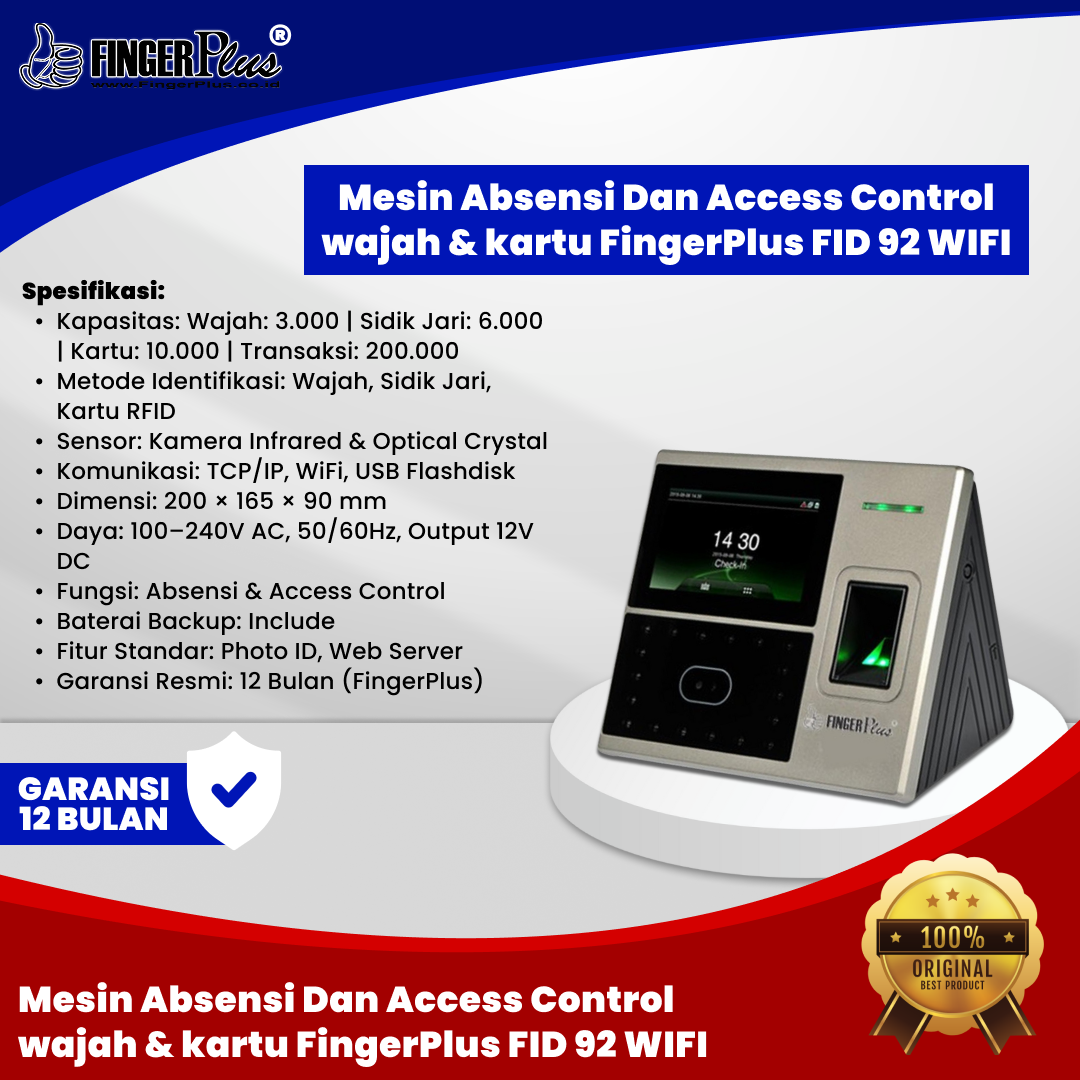 mesin absensi dan access control wajah &amp; kartu fingerplus fid 92 wifi 1